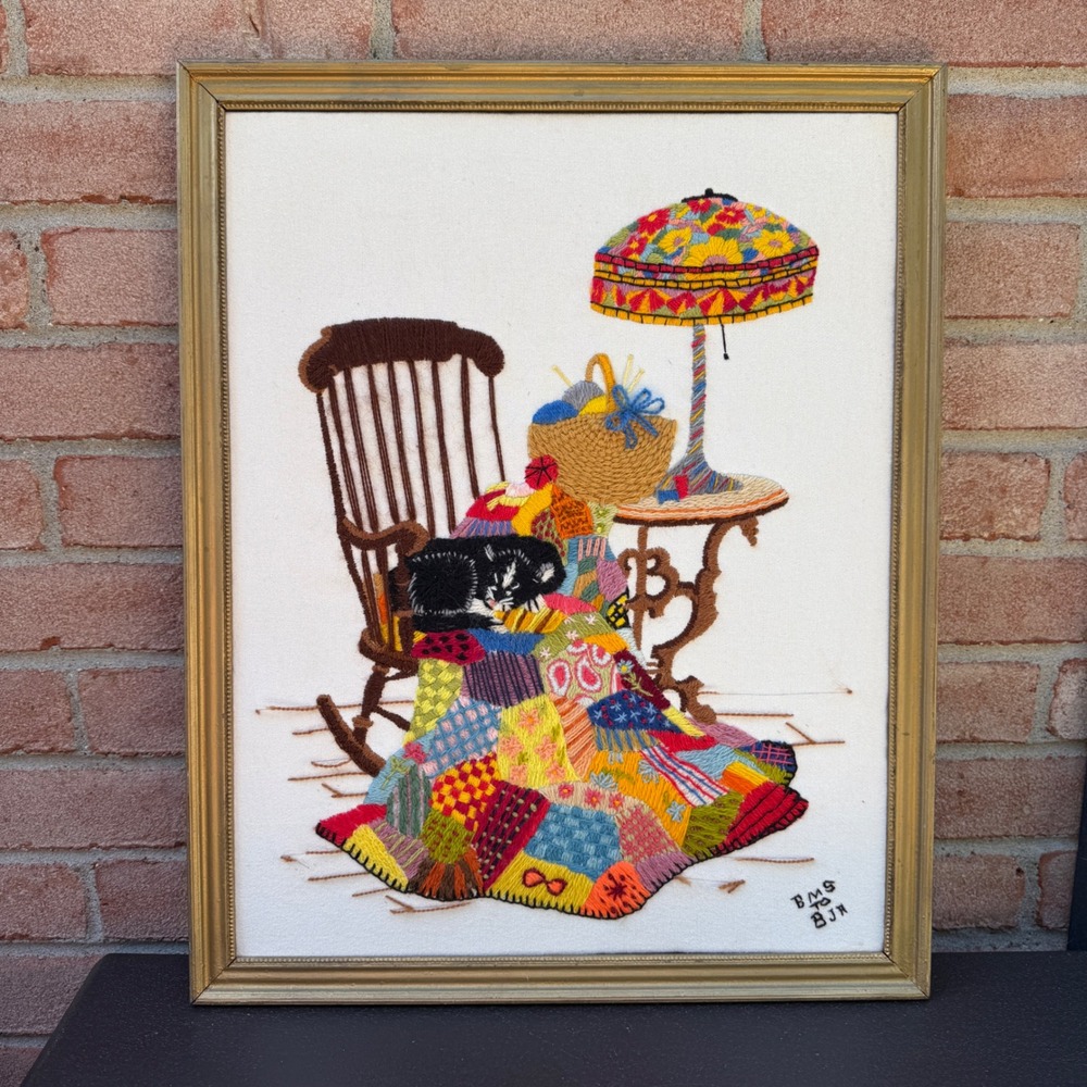 Vtg 1980 Dimensions Crewel Embroidery Finished Framed Cat Patchwork Quilt Rocker